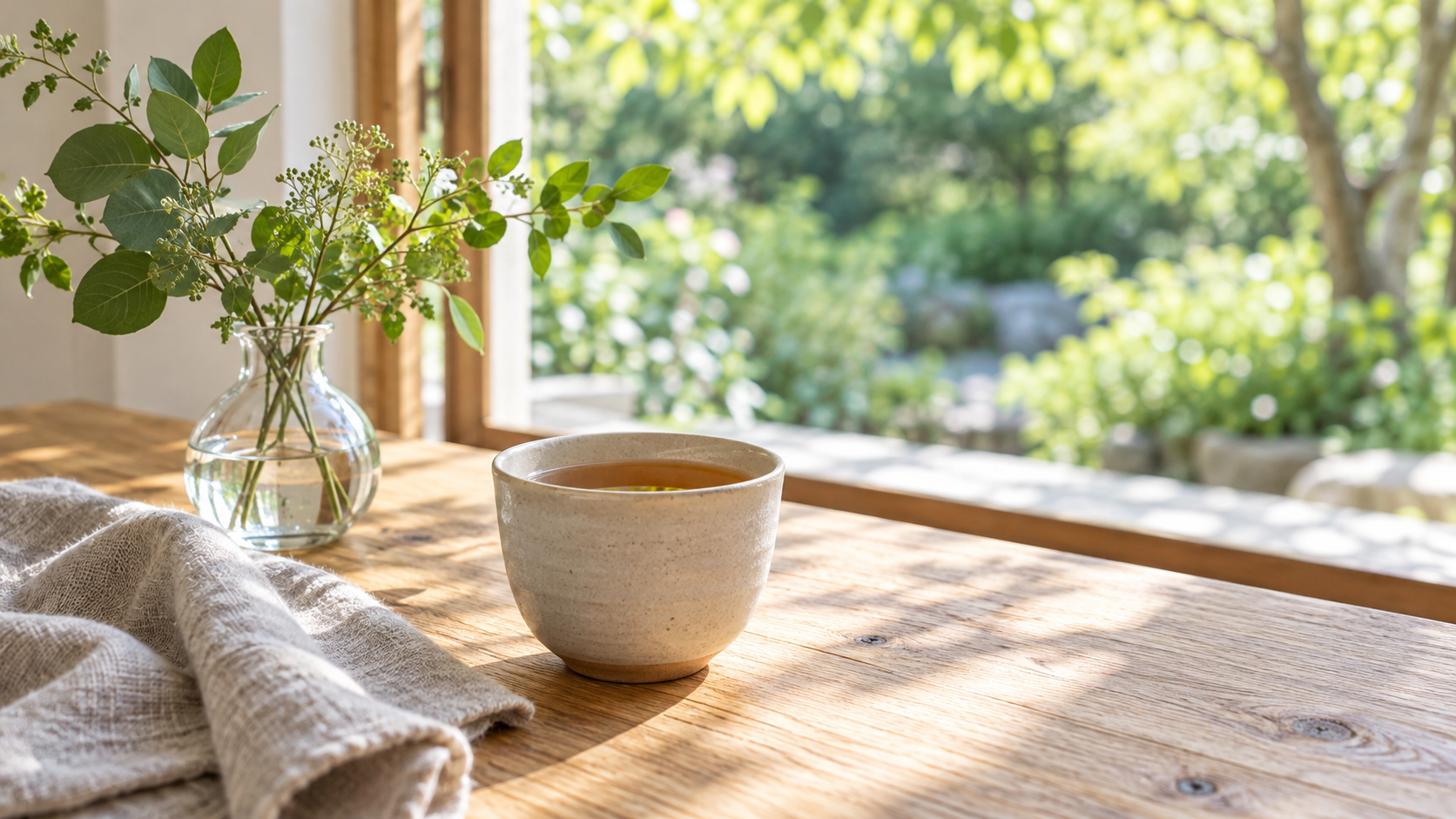 お茶と緑のある静かな時間のイメージ