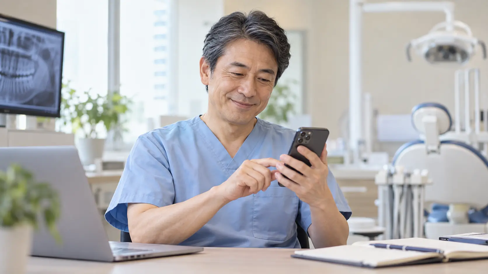 情報を確認してほっとする歯科医師のイメージ写真